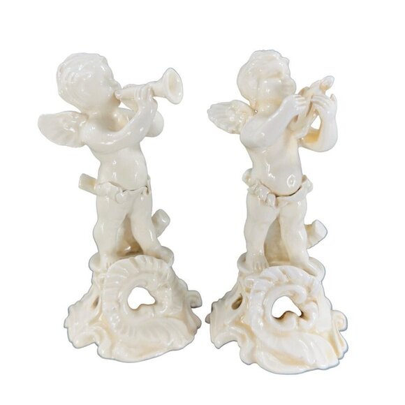 Vintage Italian Pottery Angels Playing Music Figurine Set 2 Made In Italy VTG - Picture 1 of 16